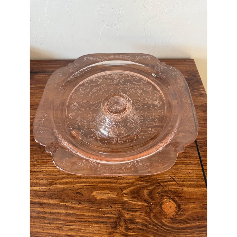 Vintage Pink Depression Glass Cake Stand Hocking Princess Pattern Scalloped 10in